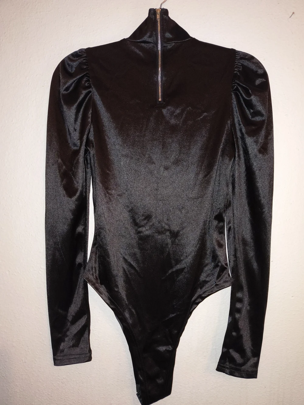 Vintage Black Satin Puff Sleeve Bodysuit High Neck Gothic Disco 80s Glam Size L - Picture 4 of 9